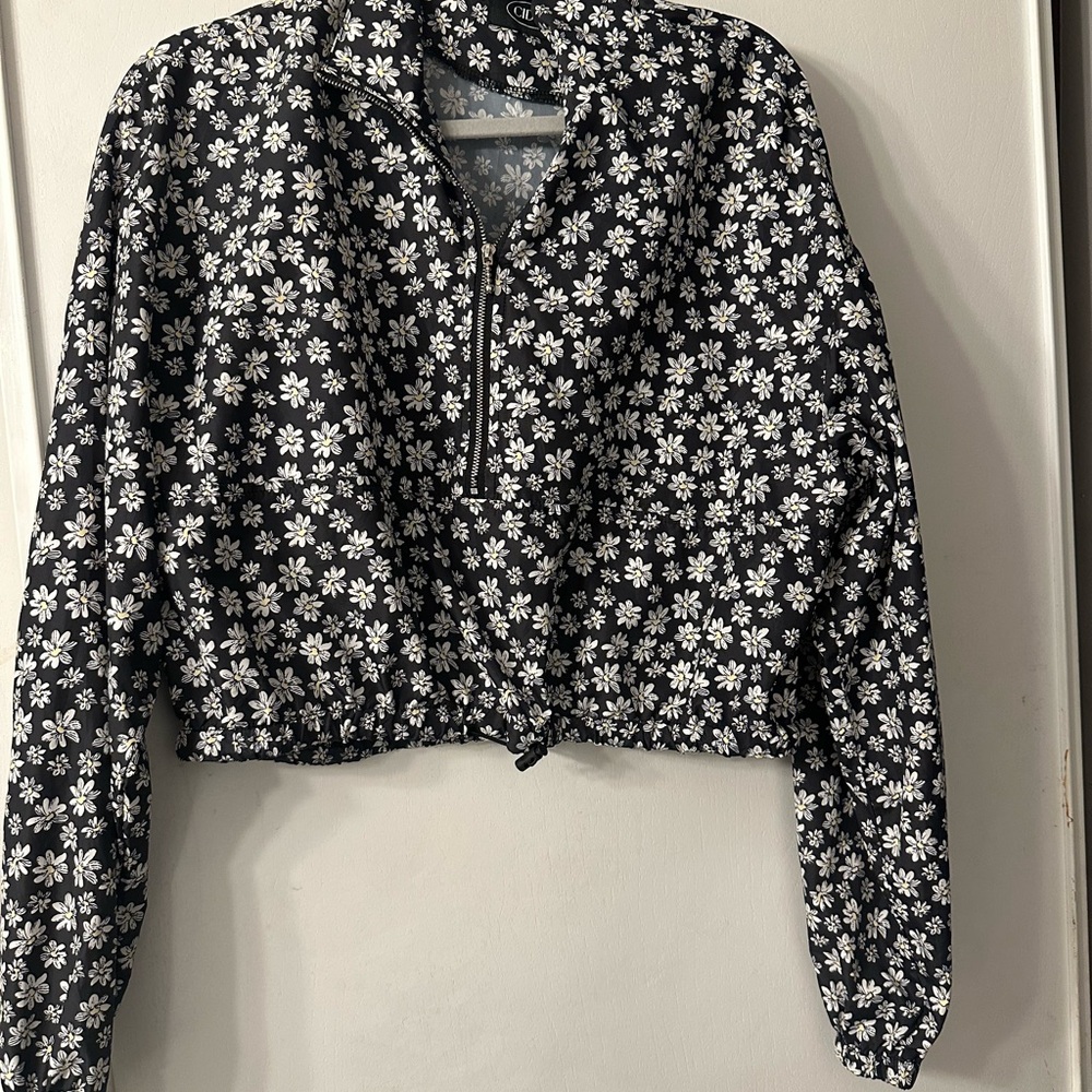 Floral Black and White Zip-Up Jacket